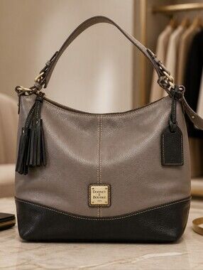 Dooney & Bourke Taupe and Black Leather Hobo Bag